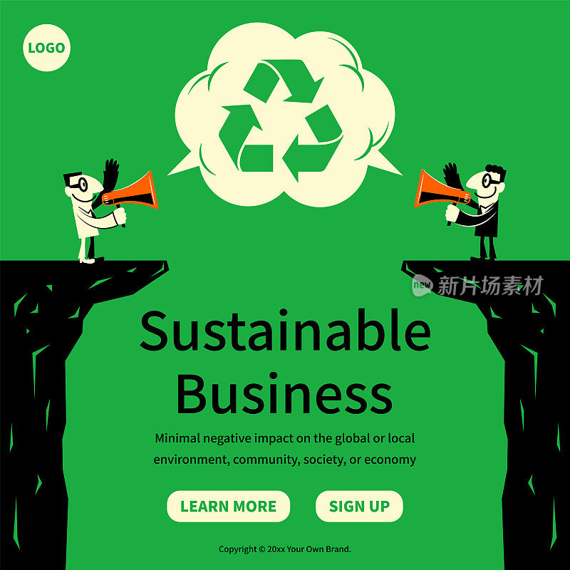 在Sustainable Business, Environmental Protection, Bridging the Gap的概念中，两个拿着扩音器的商人站在悬崖边进行了很好的沟通，一个带有回收符号的语音泡泡